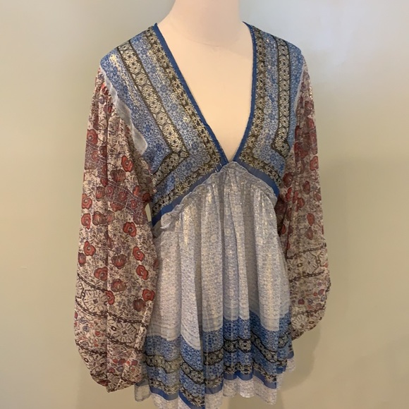 Free People Sheer Boho Balloon Sleeve Top - Picture 1 of 8